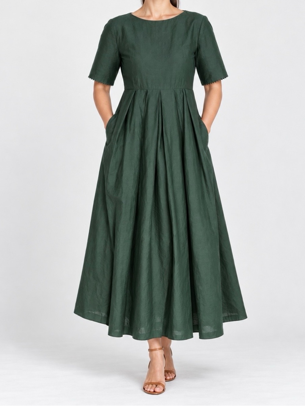 Weekend MaxMara Linen Cotton Forest Pleated Chiffon A-Line Dress Pockets US 10
